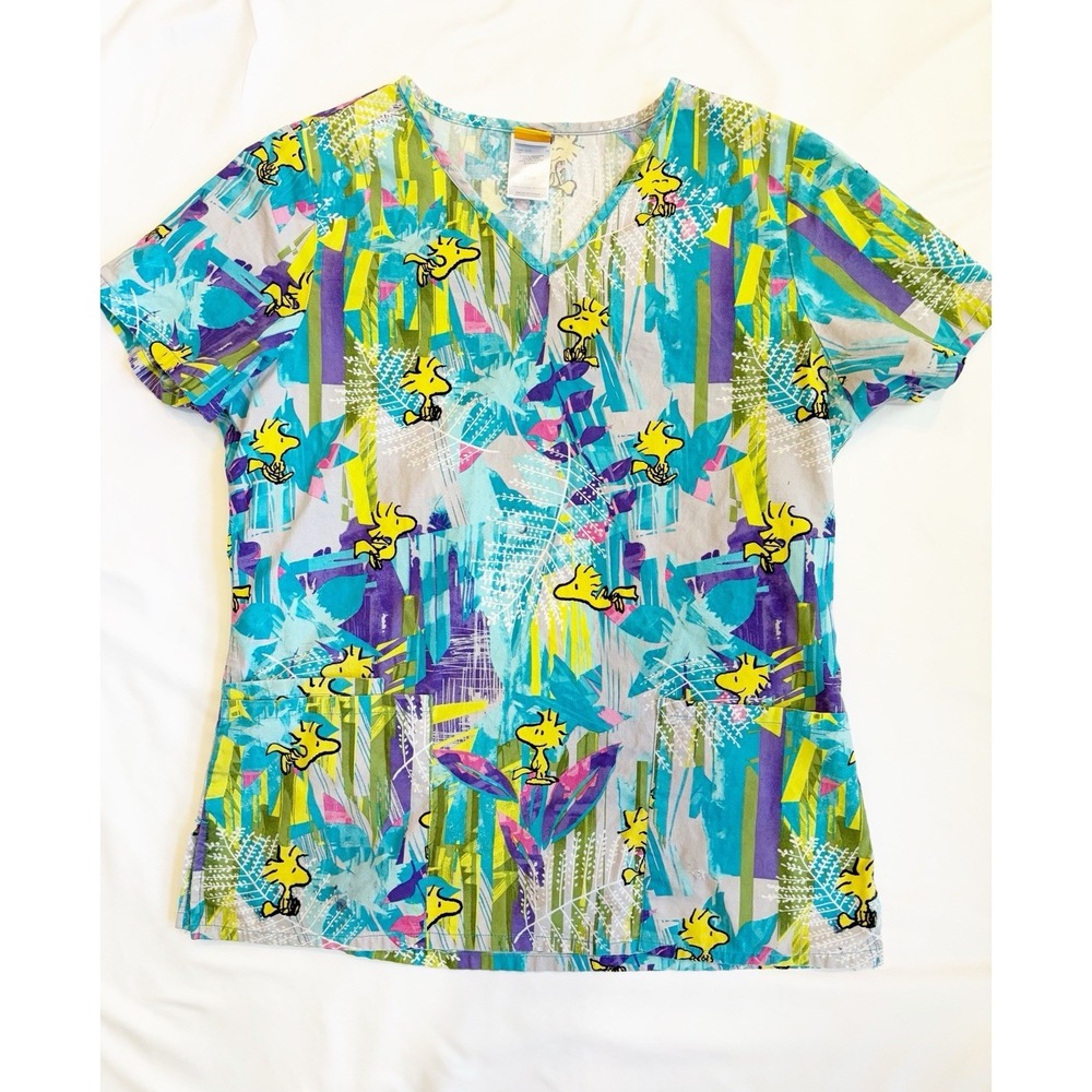 Peanuts Woodstock Scrub Top Small Blue Green Abstract V-Neck
